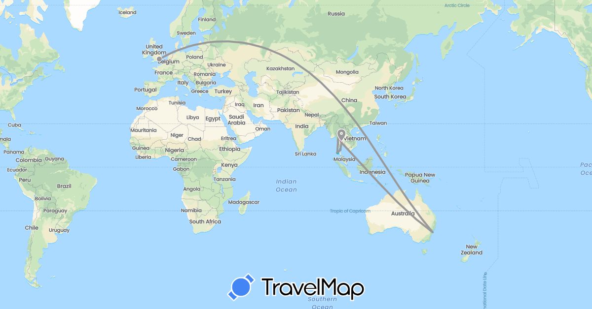TravelMap itinerary: bus, plane, train, boat in Australia, United Kingdom, Thailand (Asia, Europe, Oceania)